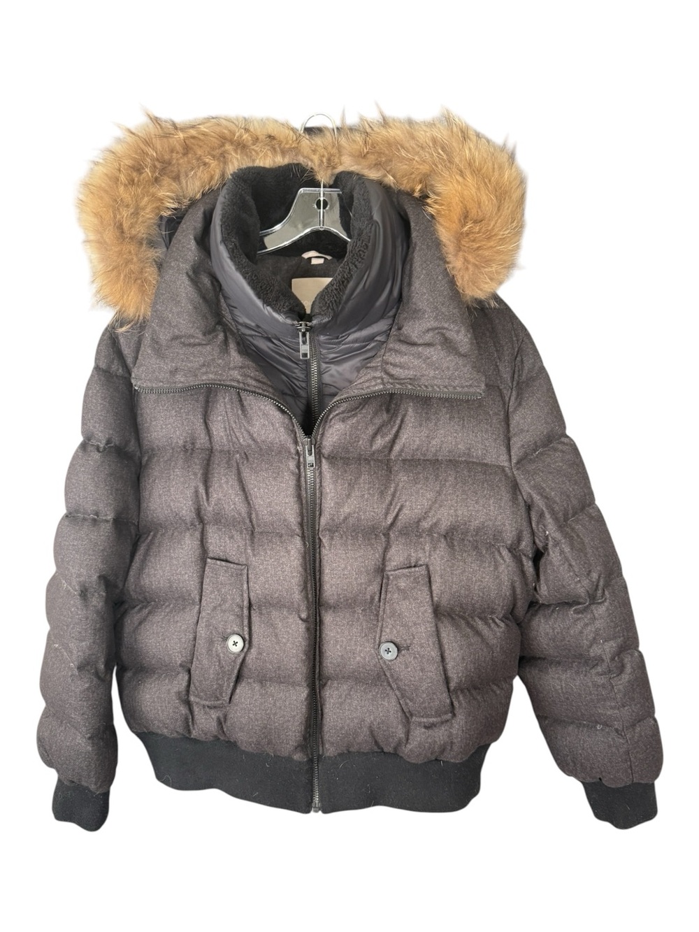 Soia & Kyo Grey Down Puffer Jacket with Fur Trim Hood Double Zipper XXL